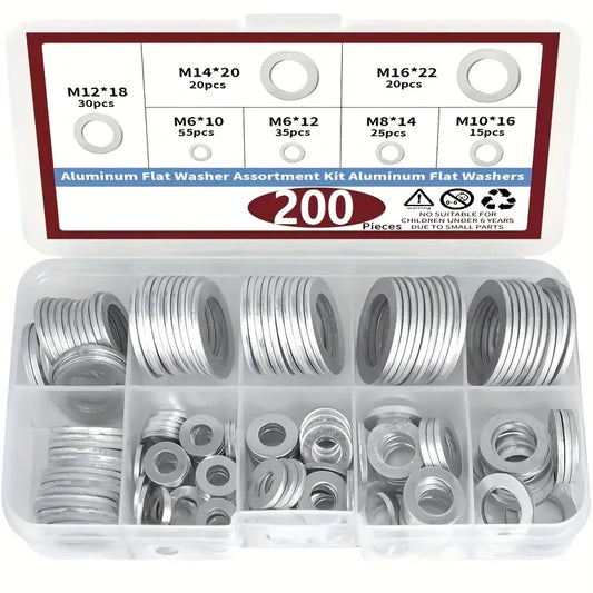 Aluminium Crush Washer Kit 200 Piece, 7 Sizes M6 to M16 for Sump Plugs and Fittings Tucks Performance