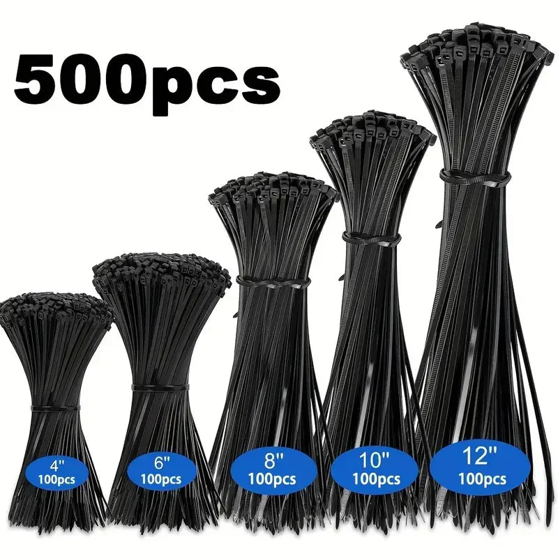 500pcs Black Heavy-duty Nylon Cable Ties - Versatile Sizes for All Your Needs: 4", 6", 8", 10", 12" - High Tensile Strength Tuck's Performance