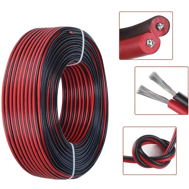 Twin Core Flat Cable - Red & Black, 16 to 30 AWG, 5m to 20m Tuck's Performance