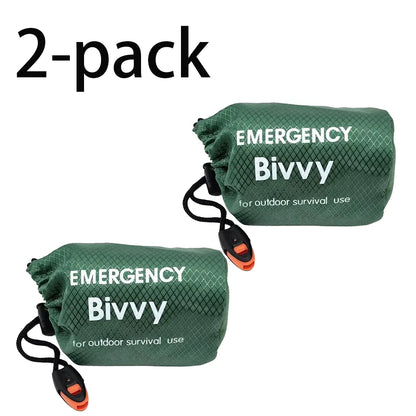 Emergency bivvy thermal survival sleeping bag - 2 pack green with whistles