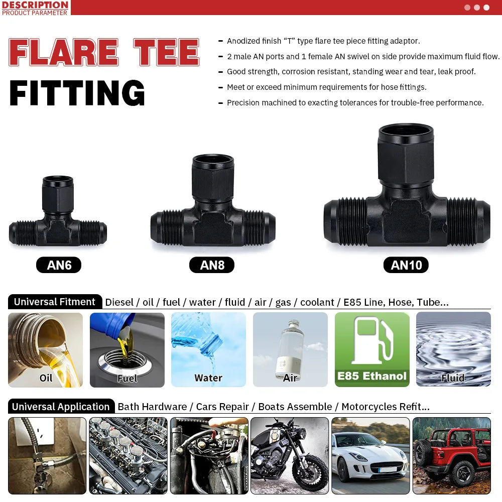 6AN AN8 AN10 Tee Block Aluminum AN6 T Fuel Hose Union Fitting Adapter Black 6 AN to 2x 6AN Tuck's Performance