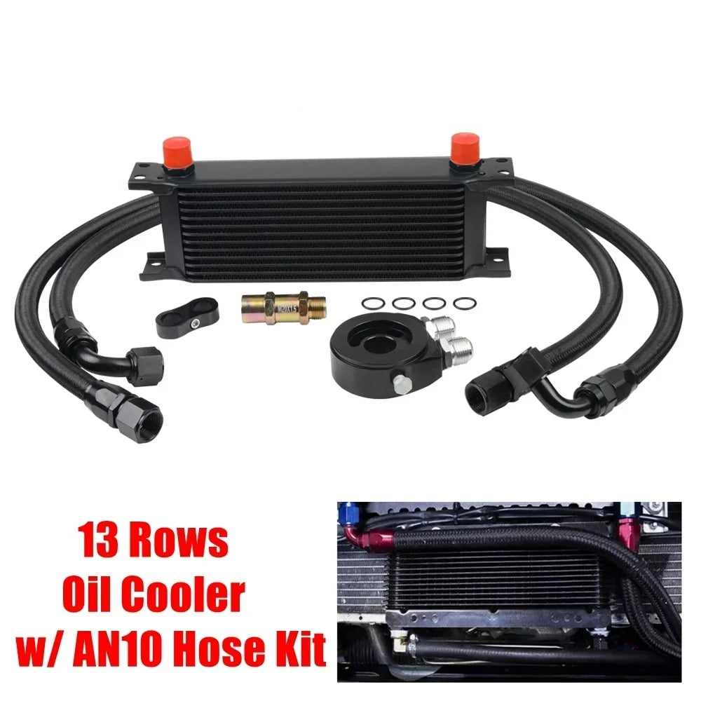 Universal 13 Rows Oil Cooler Kit, 10AN Transmission Engine Cooler W/Oil Filter Sandwich Adapter Nylon Braided Hose Line Kit Tuck's Performance