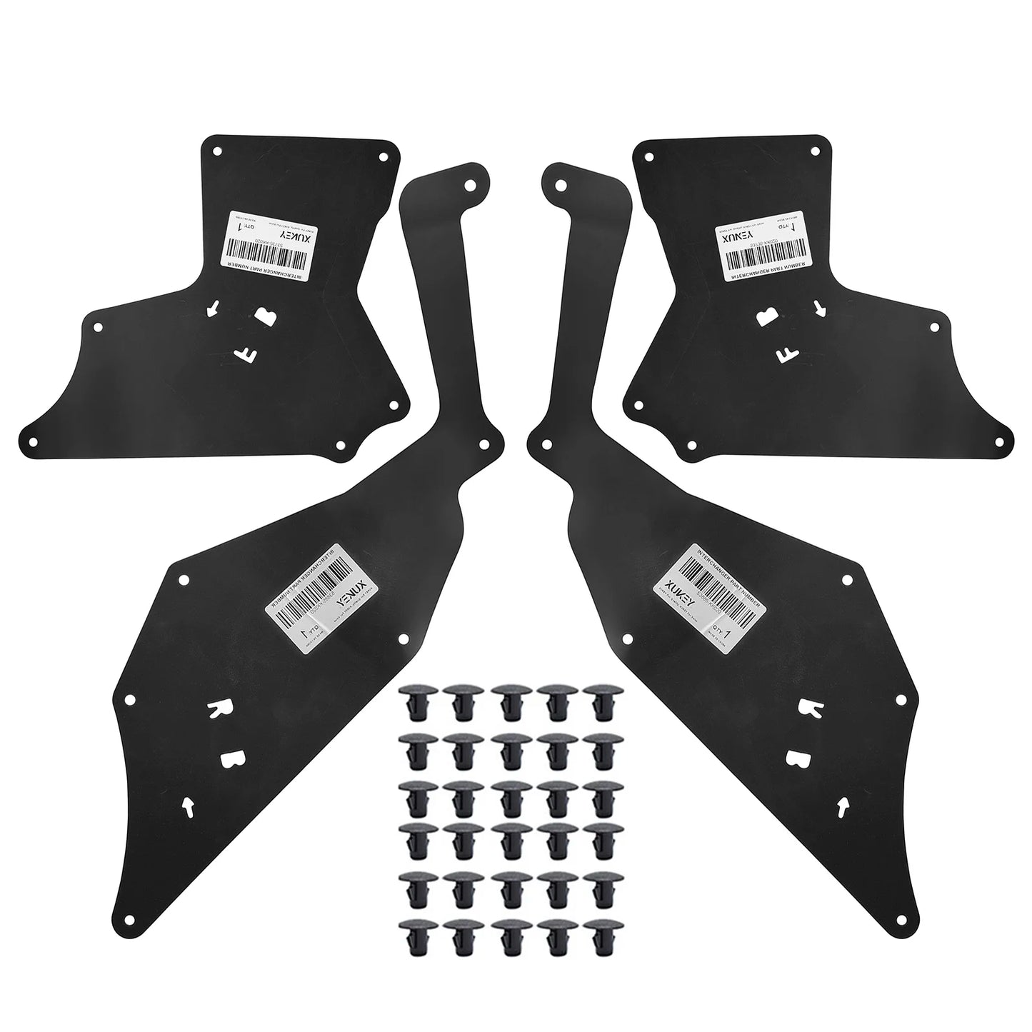 Four-piece tensile rubber fender liner set with retaining clips