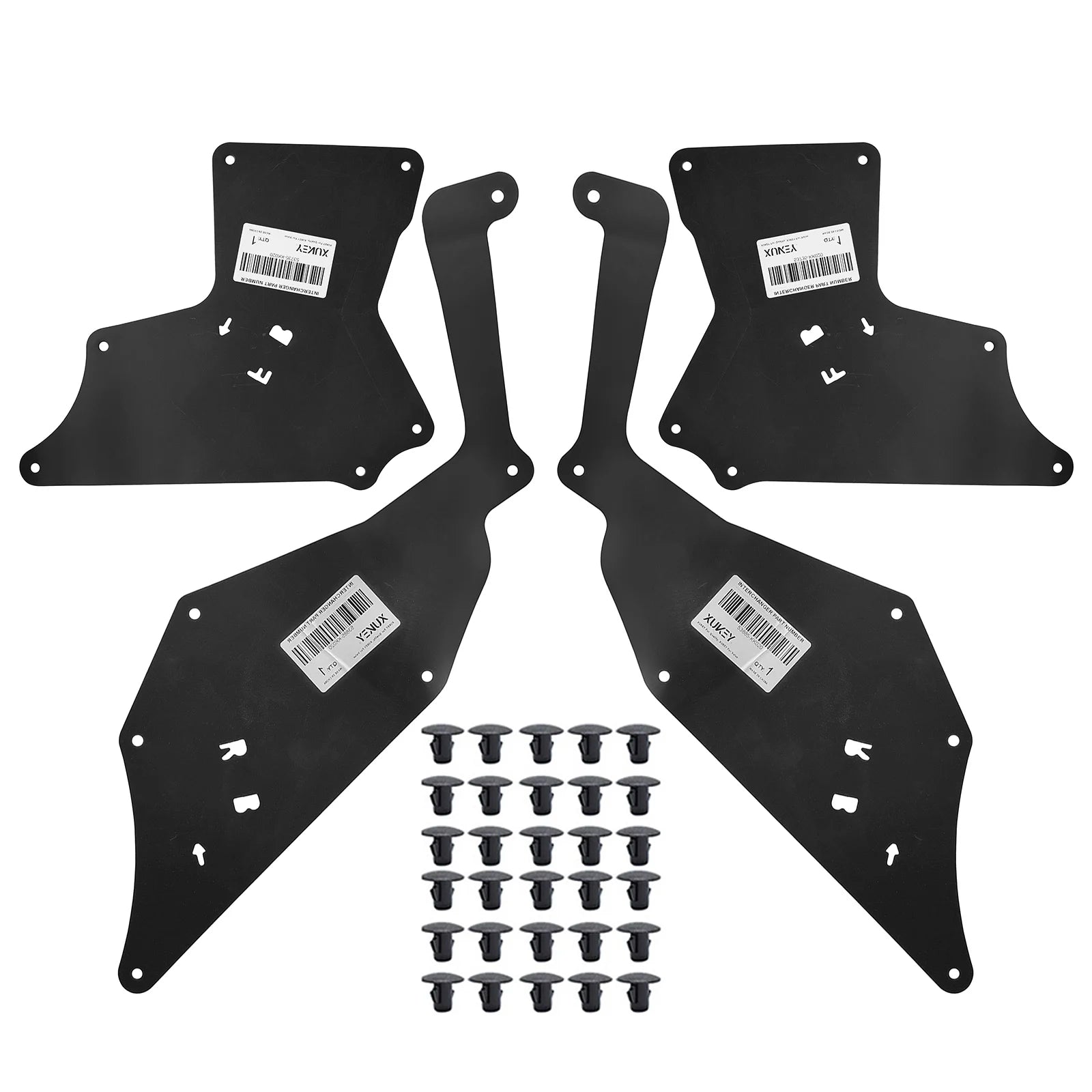 Four-piece tensile rubber fender liner set with retaining clips