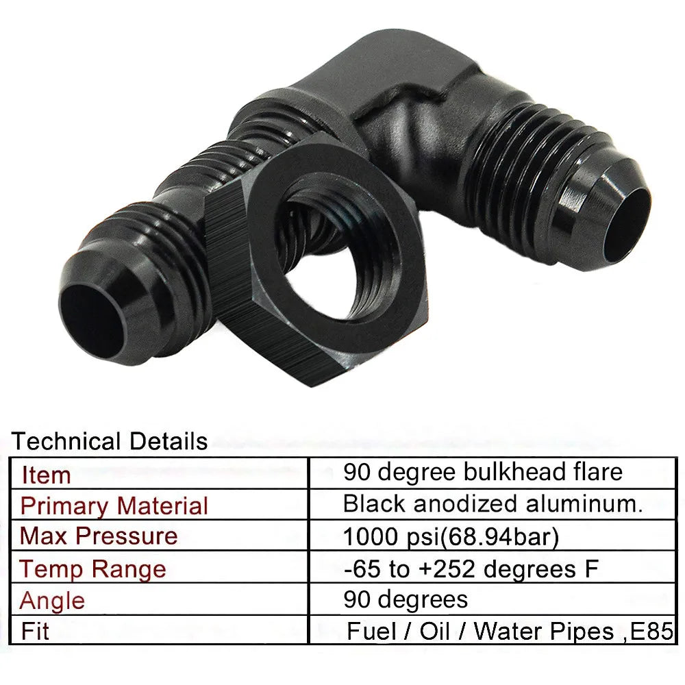 AN6 AN8 AN10 Male to Male 90 Degree Flare Union Bulkhead Fitting Adapter with Nut For Tab or Wirewall Tuck's Performance