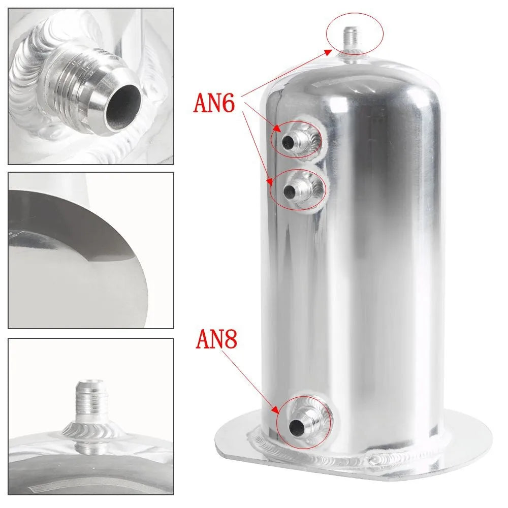 Universal 2.5L Fuel Surge Tank with Swirl Pot AN6 Out AN8 Dome Oil Catch Can Tank Aluminium Alloy Silver Polished Tuck's Performance