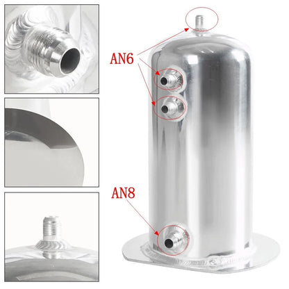 Universal 2.5L Fuel Surge Tank with Swirl Pot AN6 Out AN8 Dome Oil Catch Can Tank Aluminium Alloy Silver Polished Tuck's Performance