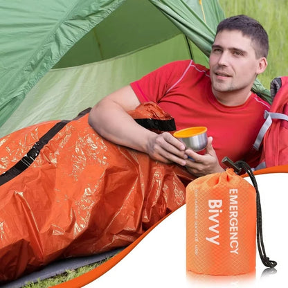Emergency bivvy thermal survival sleeping bag - in use in a tent