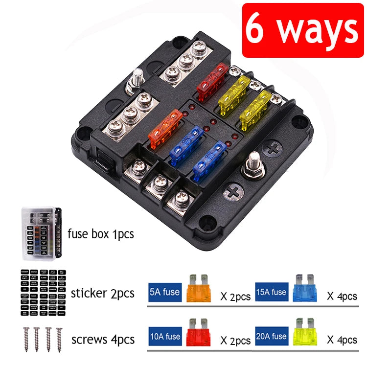Blade Fuse Box 6 or 12 Way - M5 Stud with LED Fault Indicators, 12-32V Tucks Performance