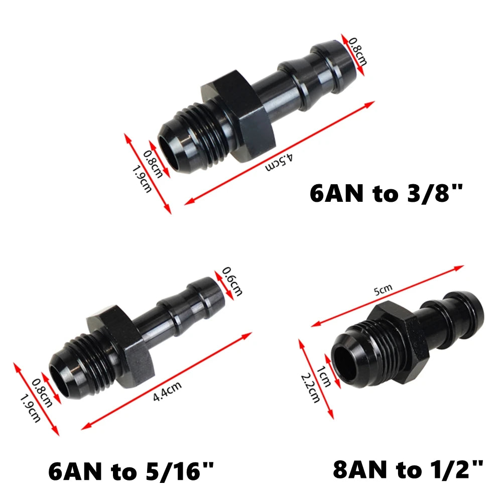 6AN Flare to 3/8" or to 5/16" Hose Barb Adapter Fittings, Aluminum Fuel Line Male 8AN to 1/2" Push On Barb Connector Black Tuck's Performance