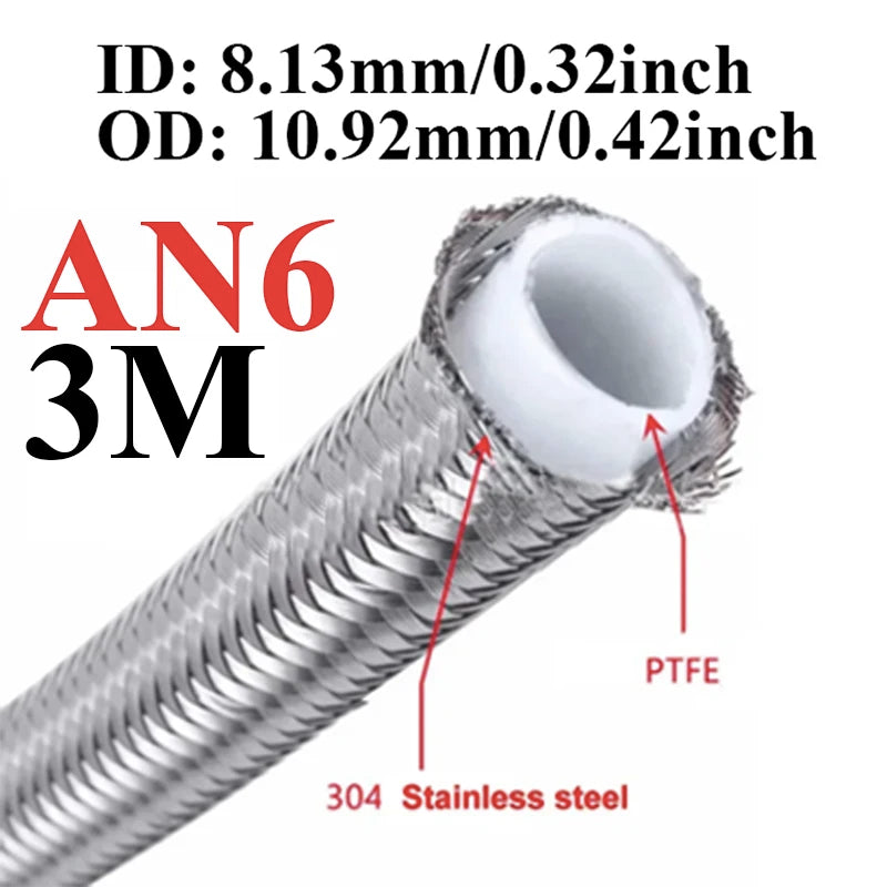 1M/3M/4M/6M AN3 AN4 AN6 AN8 AN10 Racing Hose 304 Stainless Steel Braided PTFE Brake Hose E85 Fuel Oil Line Oil Cooler Hose Pipe Tuck's Performance