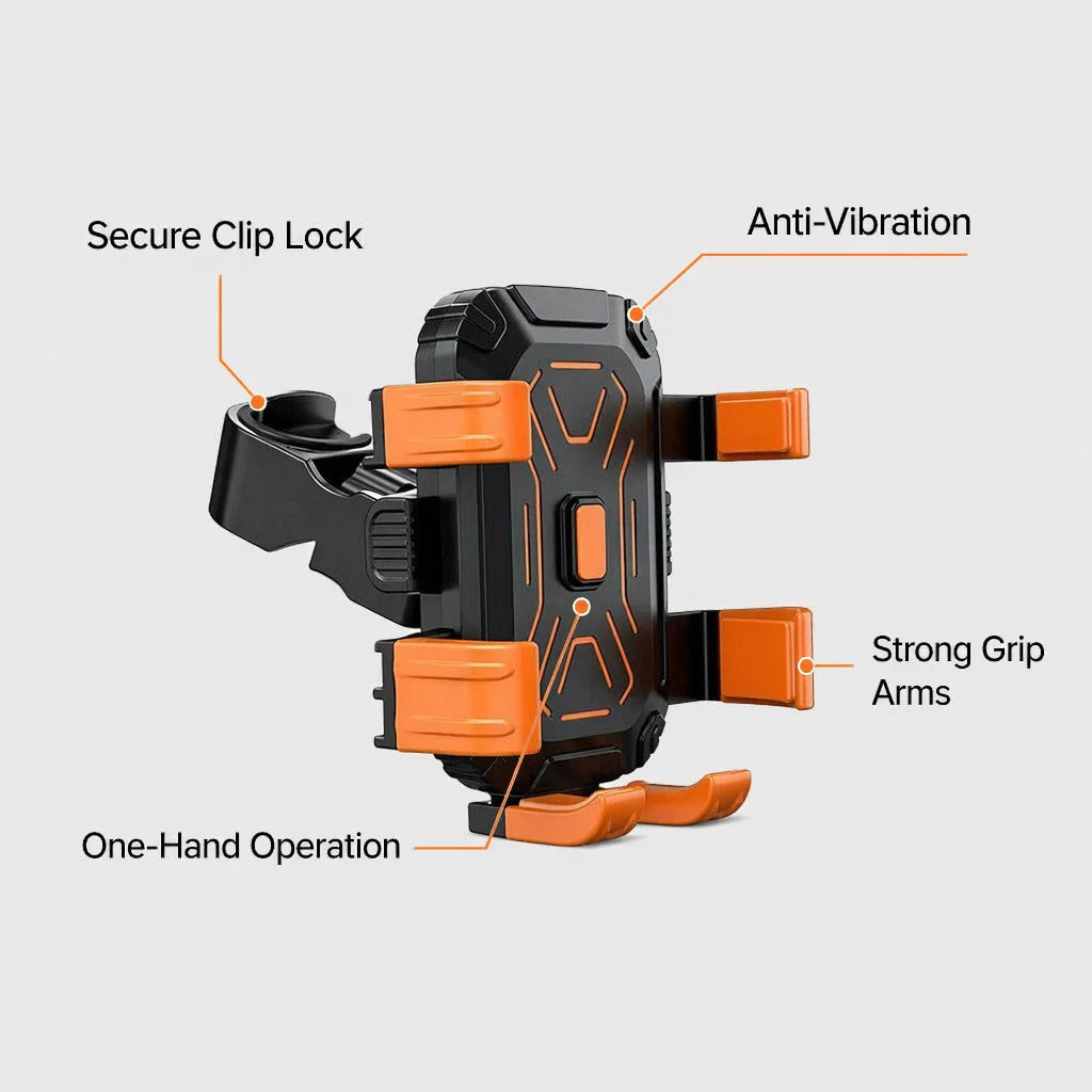 Grab handle phone mount showing clip lock and grip arms