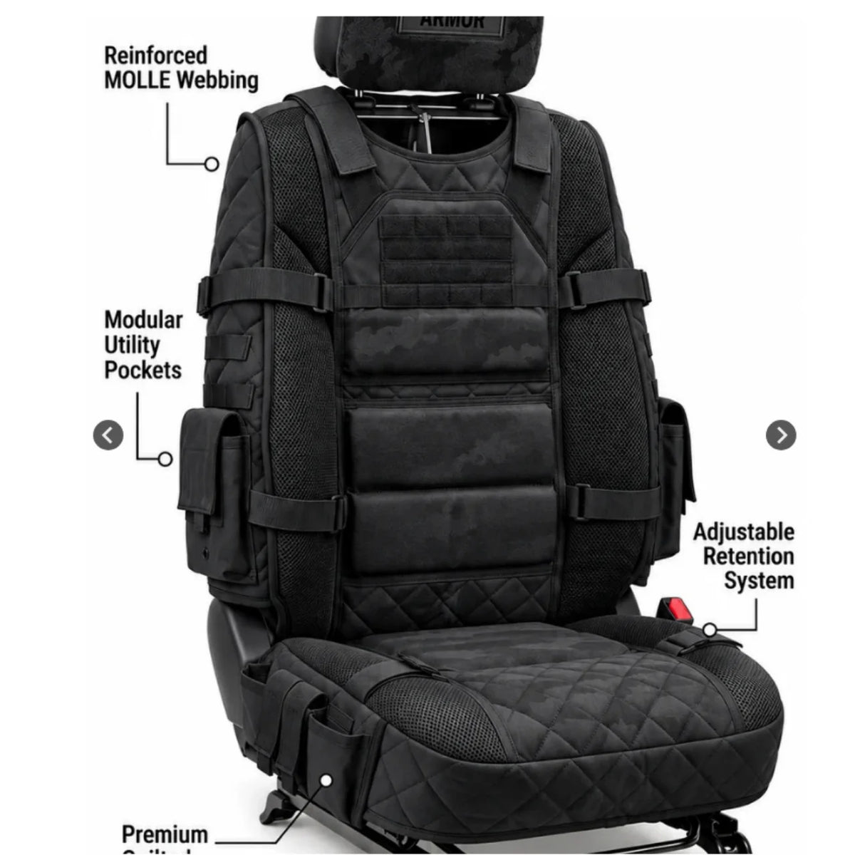 Black tactical MOLLE seat cover with utility pockets