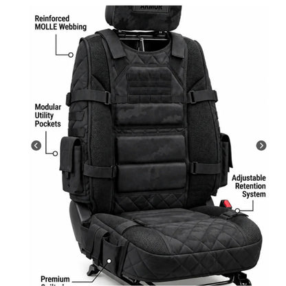Black tactical MOLLE seat cover with utility pockets