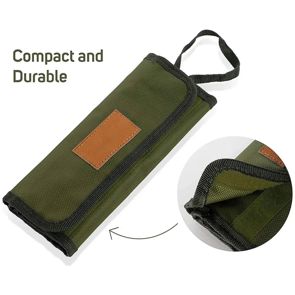 Canvas camping cutlery roll pouch - rolled up and closed
