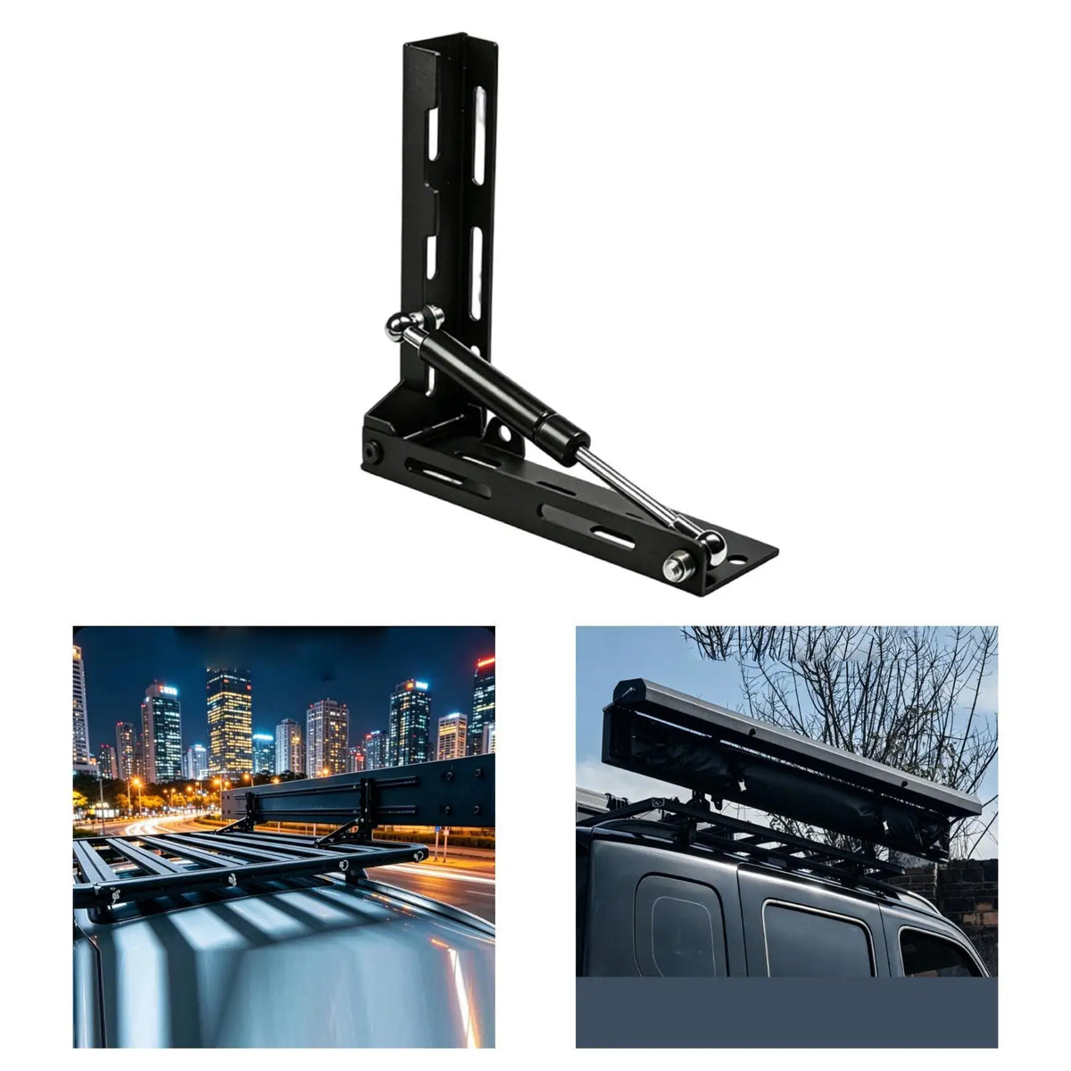 Folding awning bracket shown fitted to vehicle roof racks