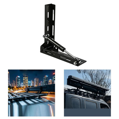 Folding awning bracket shown fitted to vehicle roof racks