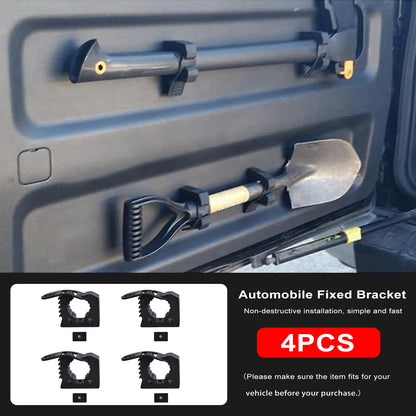 Quick release rubber tool clamps holding a shovel and bar, 4 pack
