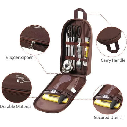 Camp utensil bag features: zip, carry handle, durable canvas, utensil straps