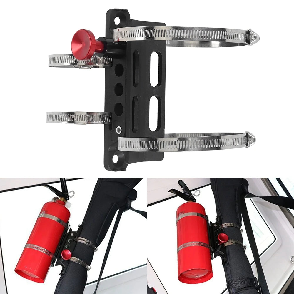 Fire extinguisher mount clamped to a roll bar, suits Jeep Wrangler sports bars