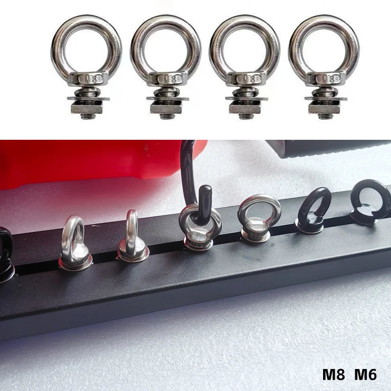 Stainless roof rack eye bolts fitted along a crossbar channel