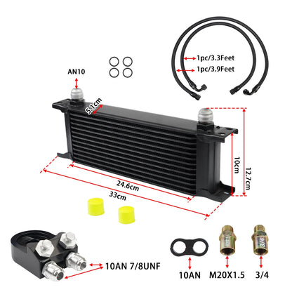 Universal 13 Rows Oil Cooler Kit, 10AN Transmission Engine Cooler W/Oil Filter Sandwich Adapter Nylon Braided Hose Line Kit Tuck's Performance