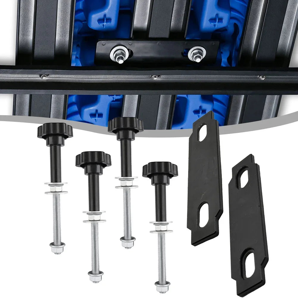 Recovery board mounting pins and base plates fitted to a roof rack