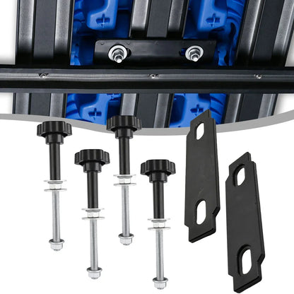 Recovery board mounting pins and base plates fitted to a roof rack