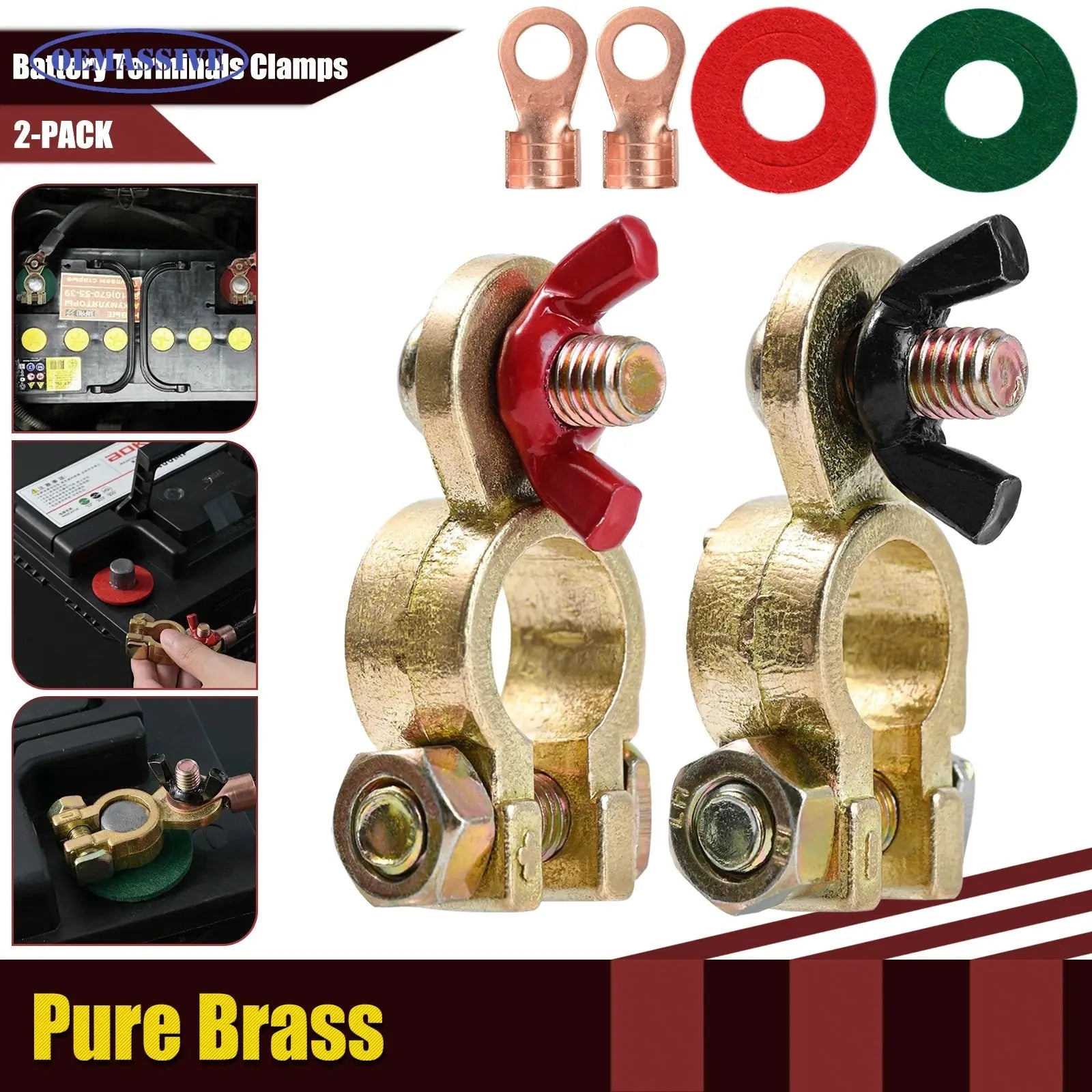 Solid Brass Battery Terminal Clamps (1 Pair) – Wing Nut Disconnect Style – 12V/24V Top Post (19mm/17mm) Tuck's Performance