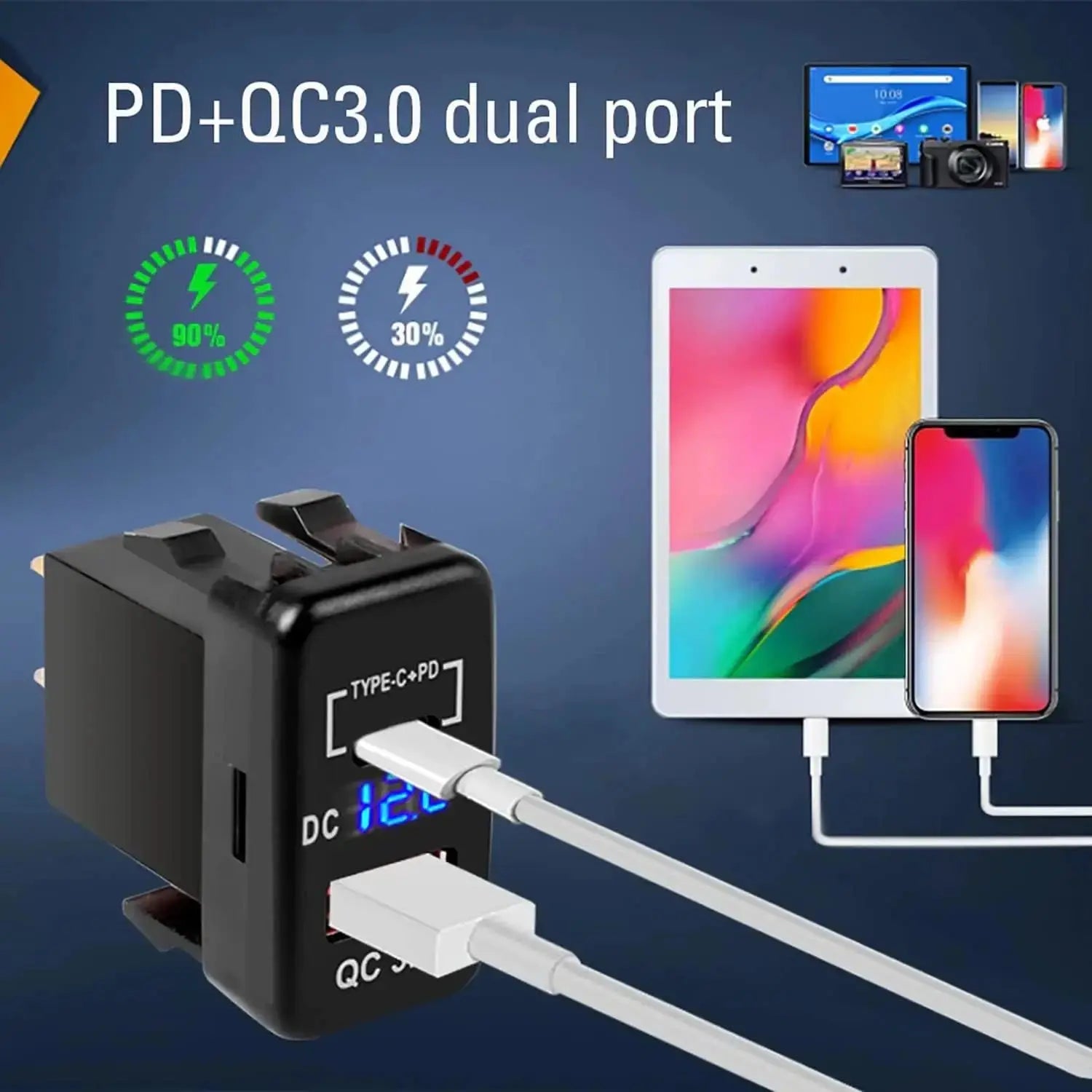 Toyota Dual USB Charger – USB-C PD 30W + QC3.0 + Voltmeter Display Tuck's Performance