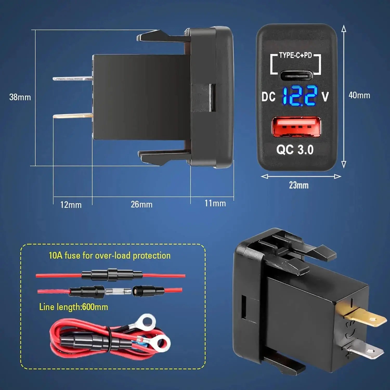 Toyota Dual USB Charger – USB-C PD 30W + QC3.0 + Voltmeter Display Tuck's Performance