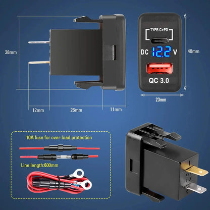Toyota Dual USB Charger – USB-C PD 30W + QC3.0 + Voltmeter Display Tuck's Performance