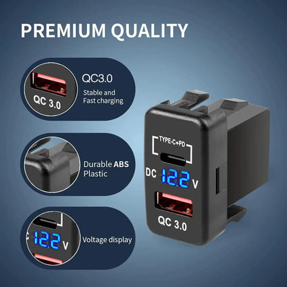 Toyota Dual USB Charger – USB-C PD 30W + QC3.0 + Voltmeter Display Tuck's Performance