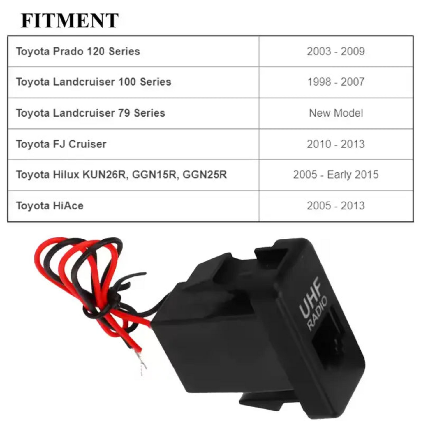 Blue LED UHF RJ45 socket switch with Toyota fitment chart – suits Hilux KUN/GGN Series, Prado 120, LandCruiser 79/100 Series, FJ Cruiser, and HiAce.