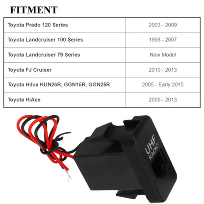 Blue LED UHF RJ45 socket switch with Toyota fitment chart – suits Hilux KUN/GGN Series, Prado 120, LandCruiser 79/100 Series, FJ Cruiser, and HiAce.
