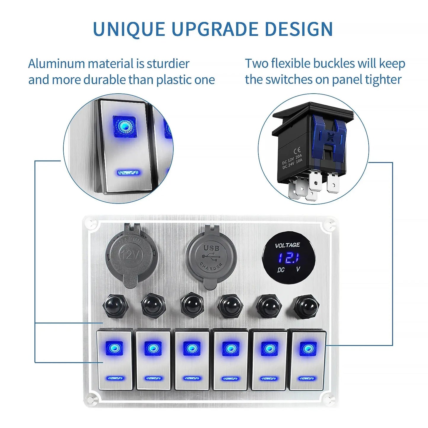 Waterproof Boat Marine Switch Panel With Overload Protector Led Digital Voltmeter Rocker Switch Panel Toggle switch panel Tuck's Performance