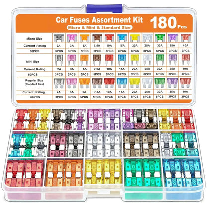 180 piece automotive fuse kit with standard, mini and micro blade fuses