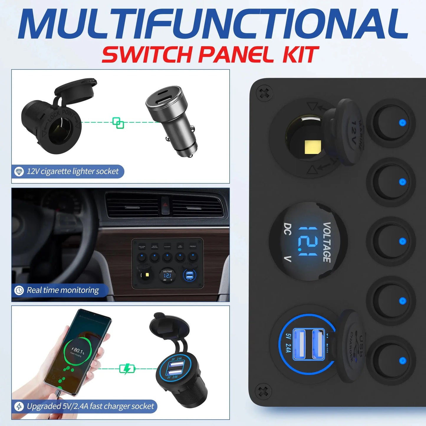 Panel lit with blue LED rocker switches