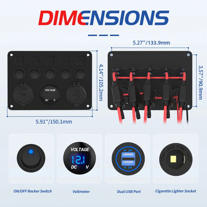 Digital voltmeter and USB ports on the switch panel