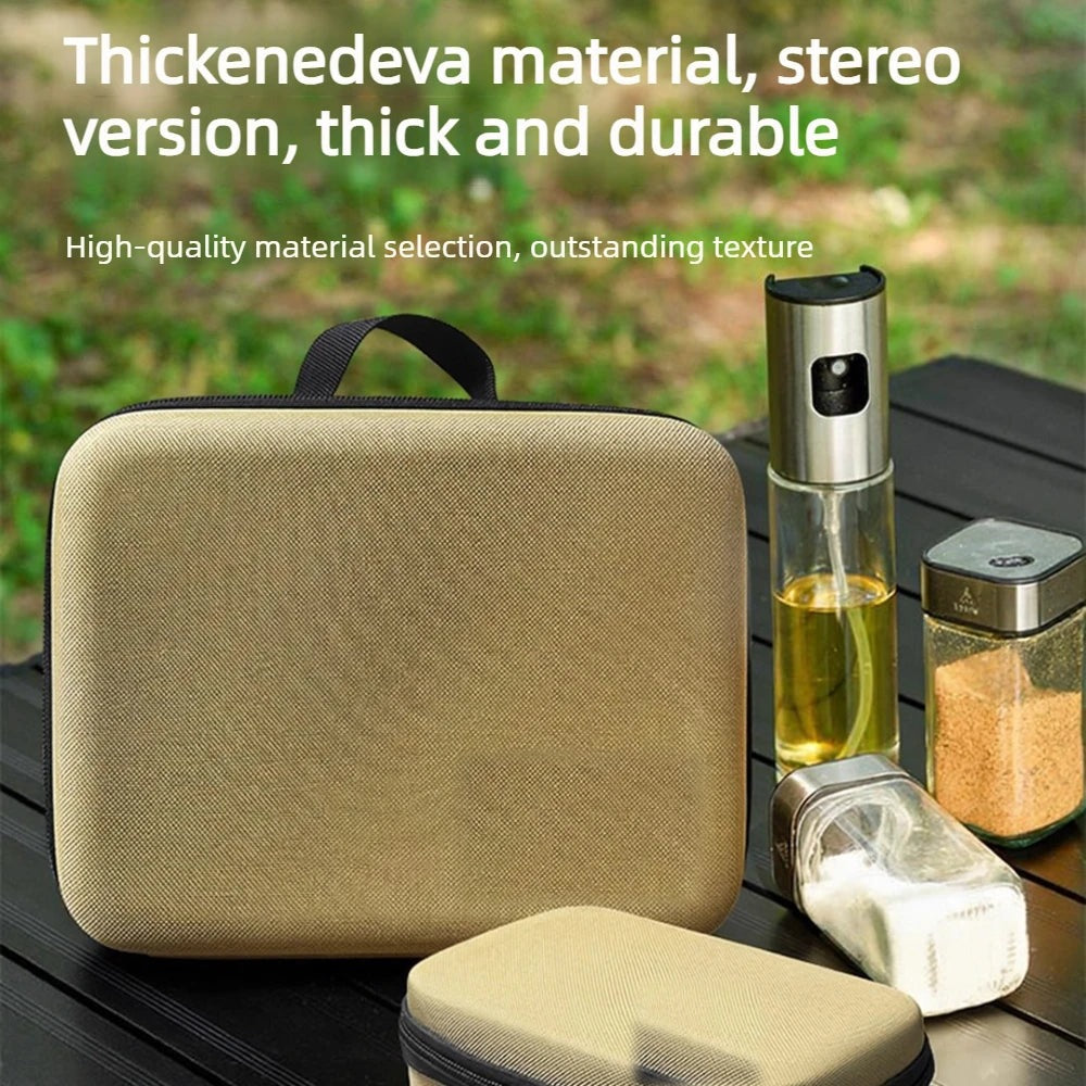 Hard shell camping egg carrier case on a camp table