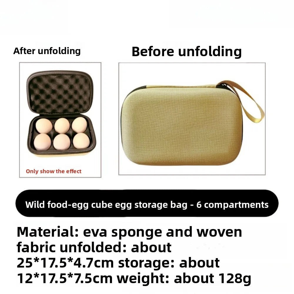 6 egg camping carrier case open and closed, with sizes