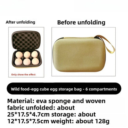 6 egg camping carrier case open and closed, with sizes