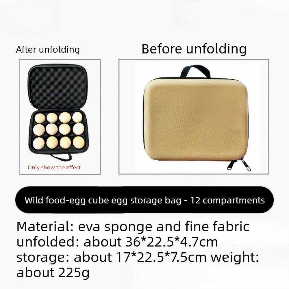 12 egg camping carrier case open and closed, with sizes