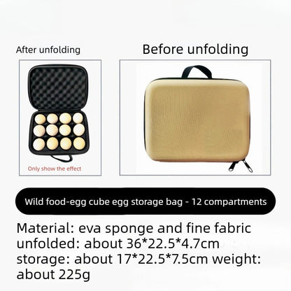 12 egg camping carrier case open and closed, with sizes