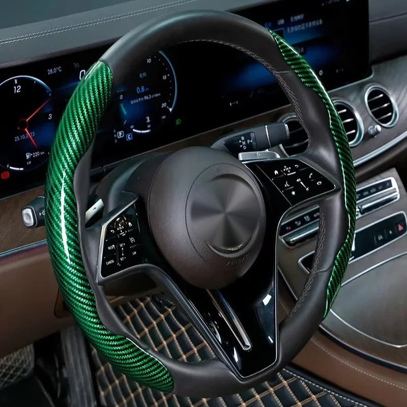 Green carbon-look steering wheel grip covers fitted