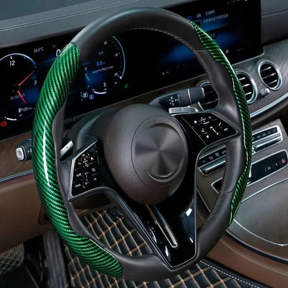 Green carbon-look steering wheel grip covers fitted