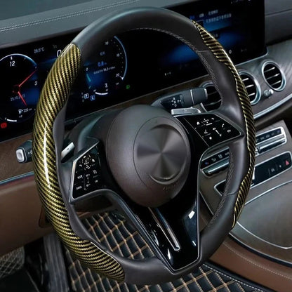 Yellow carbon-look steering wheel grip covers fitted