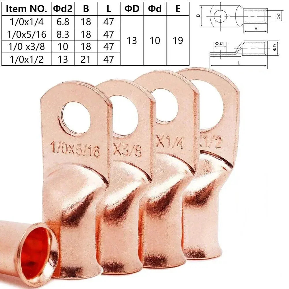 Copper ring terminal showing stud hole and barrel