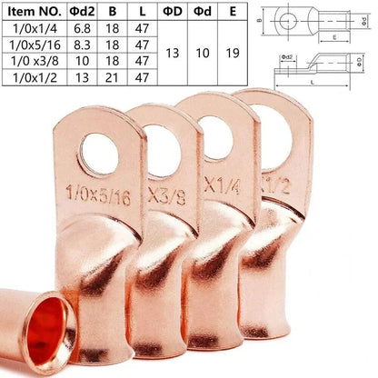 Copper ring terminal showing stud hole and barrel
