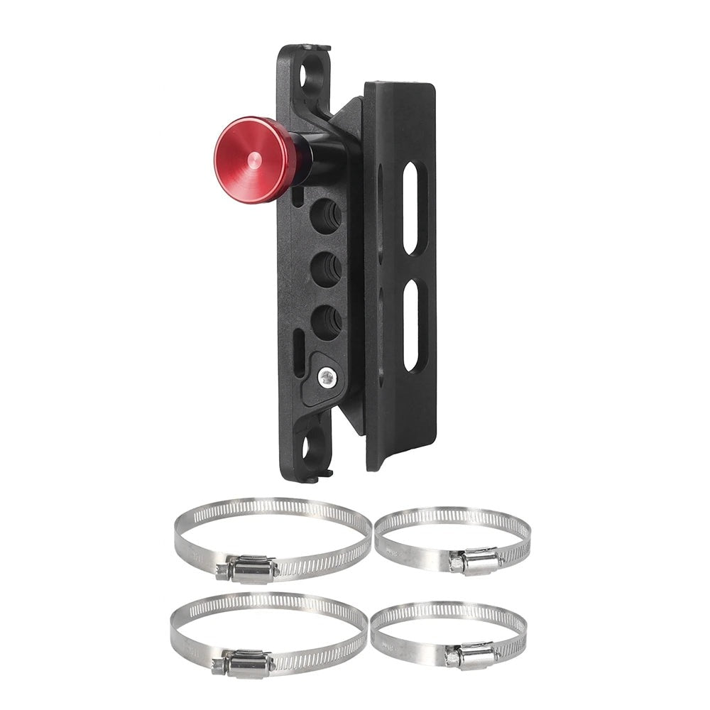 Quick release fire extinguisher roll bar mount with red knob and four hose clamps